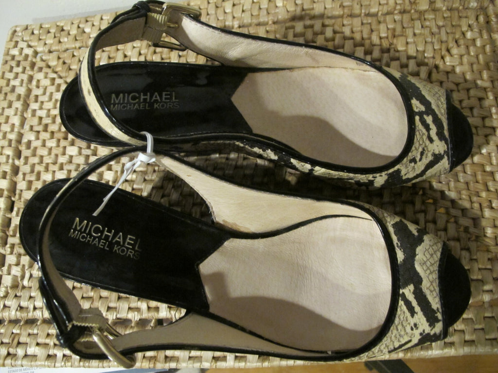 Michael Kors Black Ankle Strappy Wedge Heels Shoes Sandals Peep Toe Women's 10 M