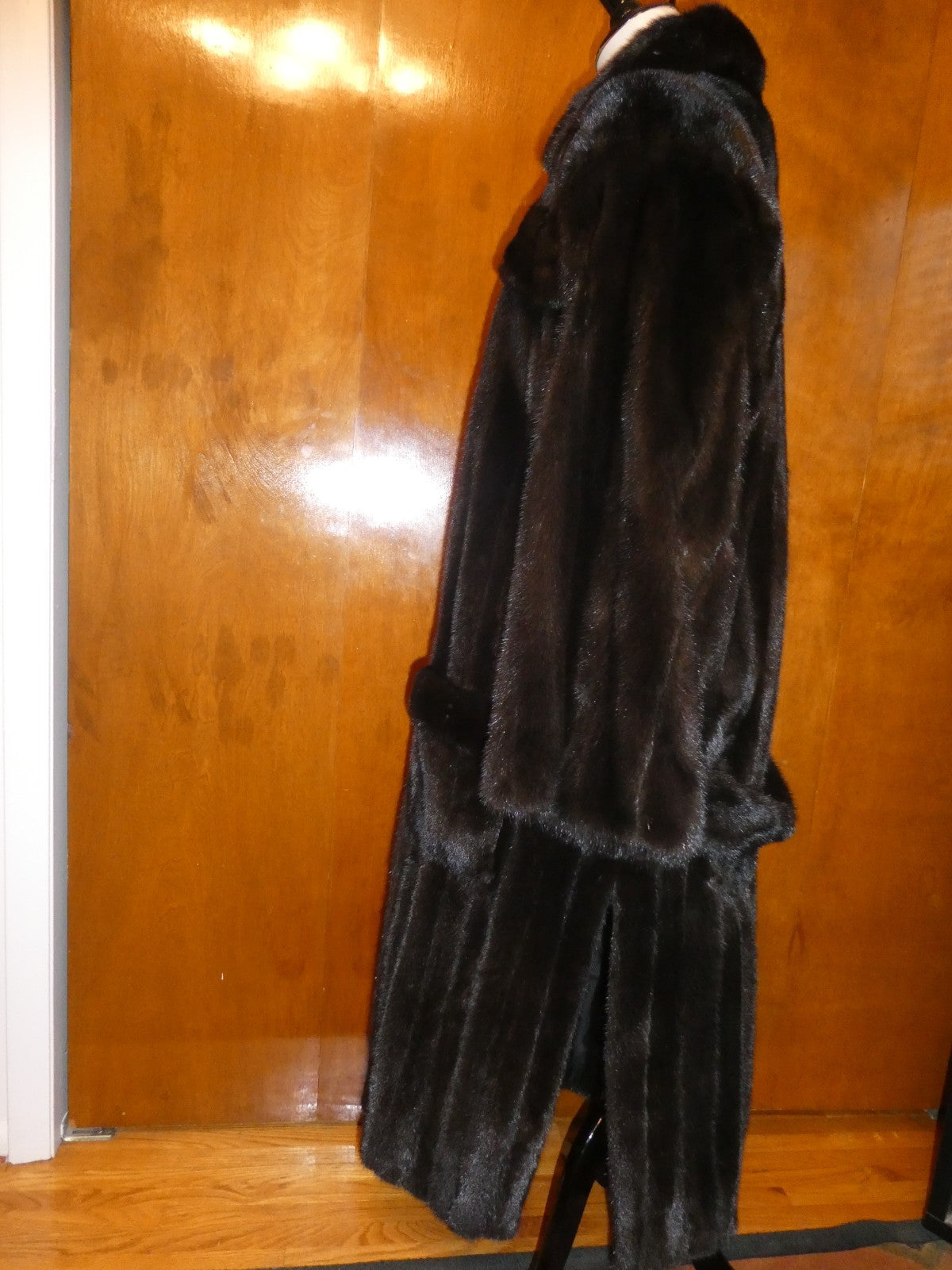 Genuine Mink Fur Coat Full Length Vintage Dark Brown Black Fur Collar Size 12