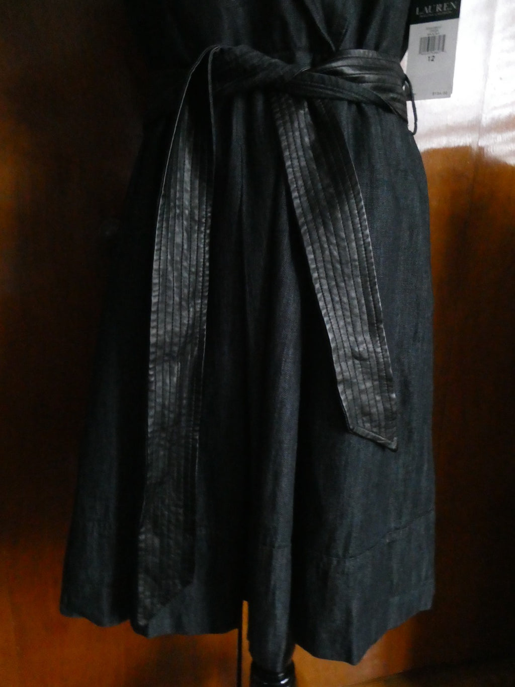 Lauren Ralph Lauren Dress Sz 12 Black Sleeveless Belted Leather Trim A-Line NWT