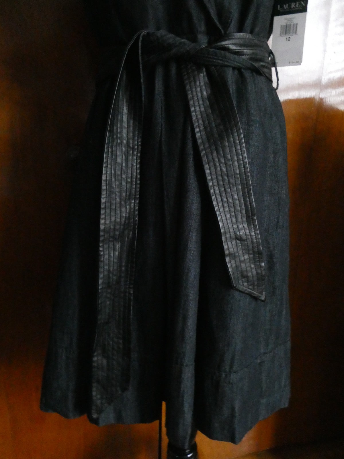Lauren Ralph Lauren Dress Sz 12 Black Sleeveless Belted Leather Trim A-Line NWT