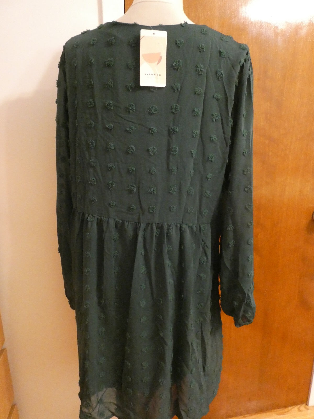 KIRUNDO Women’s Green long Sleeves Mini V Neck Flowy Swiss DOT Babydoll Dress XL