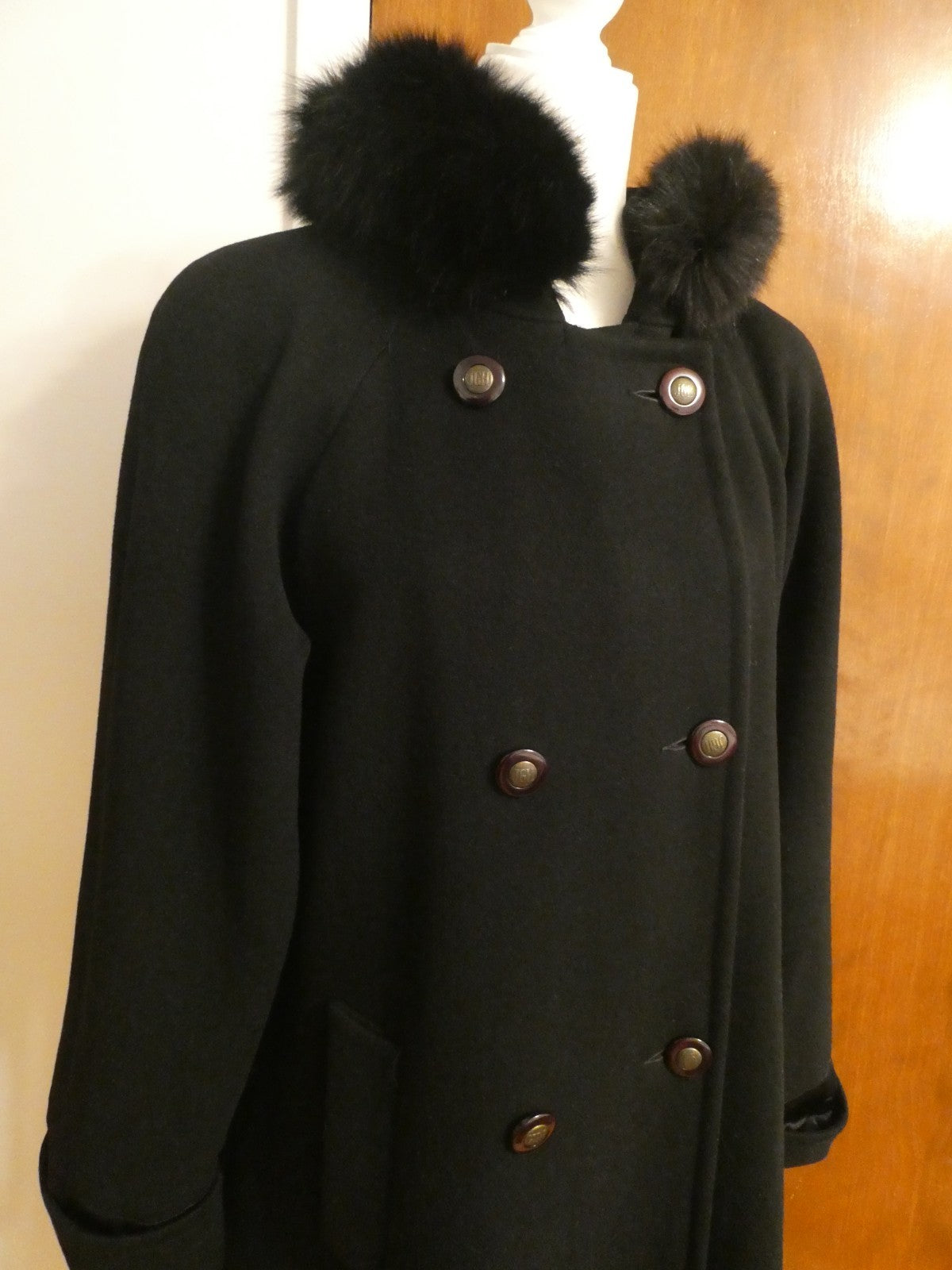 J.G HOOK Women Black 100% Wool A-Line Hood Fox Fur Trim Winter Coat 6 (fit 8-10)