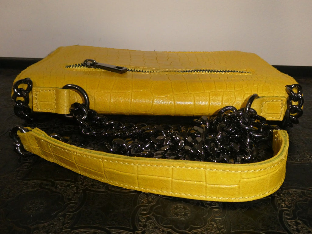 Italian Genuine Leather Chain Shoulder Crossbody Bag 9x7x 2 Mustard Yellow Italy