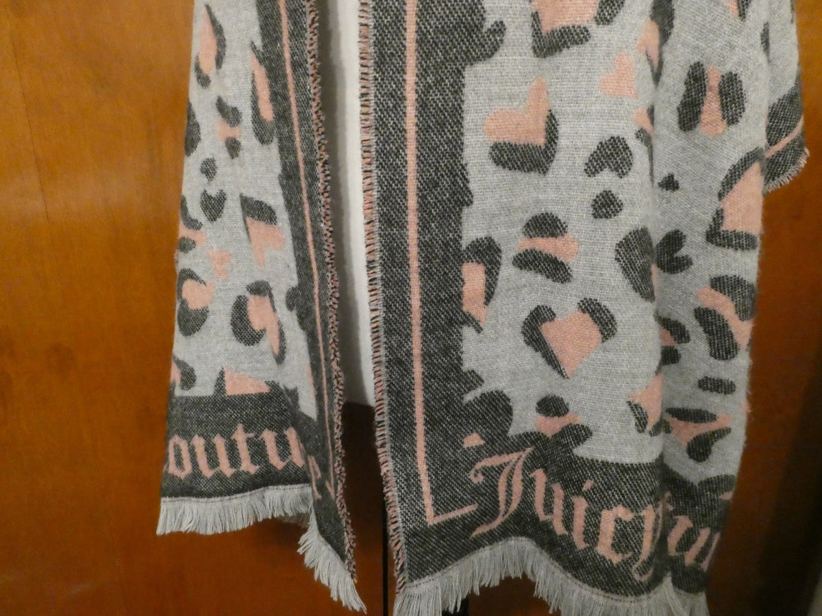 Juicy Couture Leopard Heart Print Scarf 72"x22" Gray Pink Logo Fringe Wrap