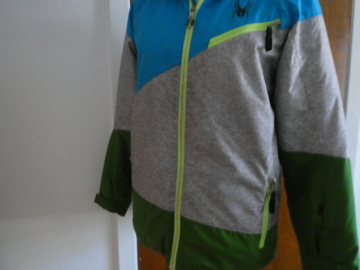 Spyder Kids Sz 16 Ski Jacket Blue Gray Green Hooded 3M Thinsulate Insulated Coat