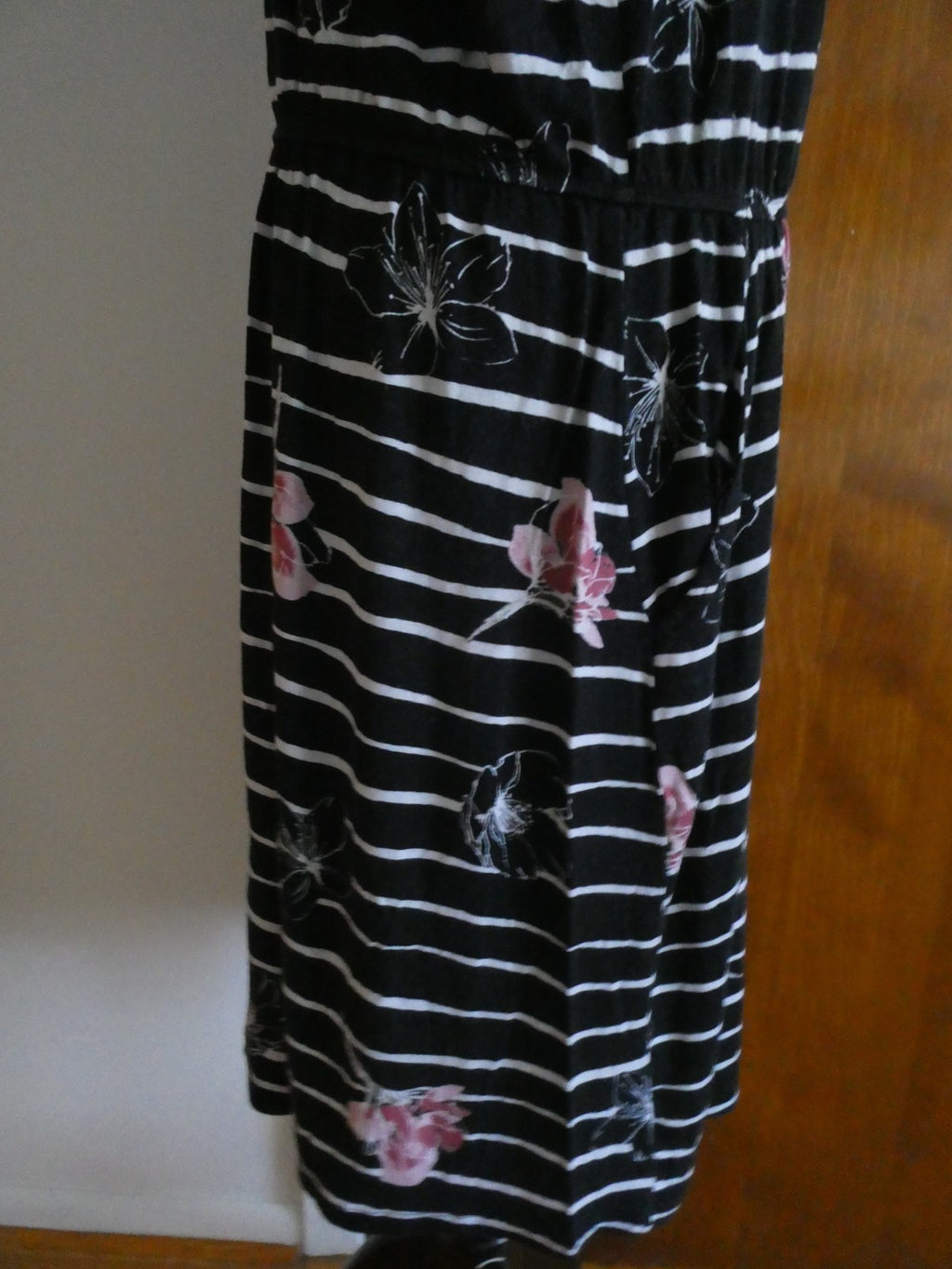 Apt 9 Dress Women's XL Black White Stripe Floral Rayon Spandex Pockets RN 73277