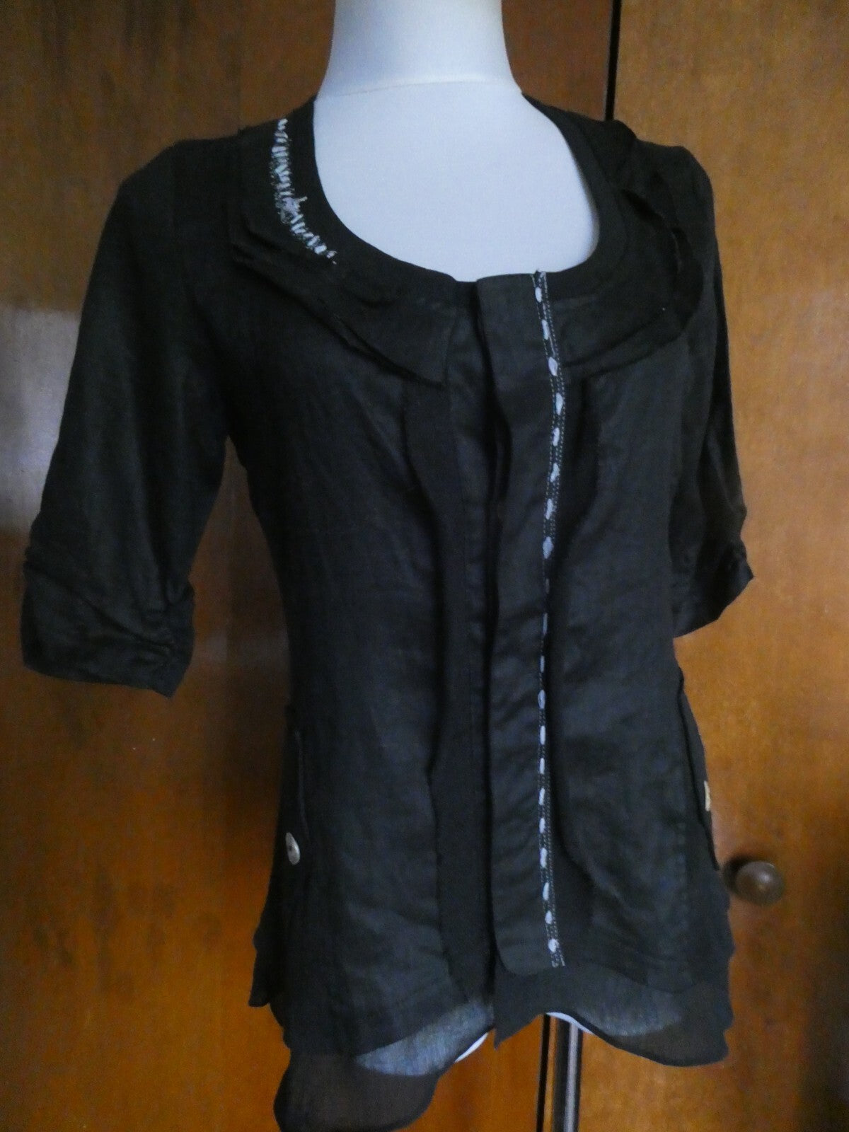 Pink Phoenix Women Black 100% Linen Small 3/4 Sleeve, Button Up, Semi Sheer Top