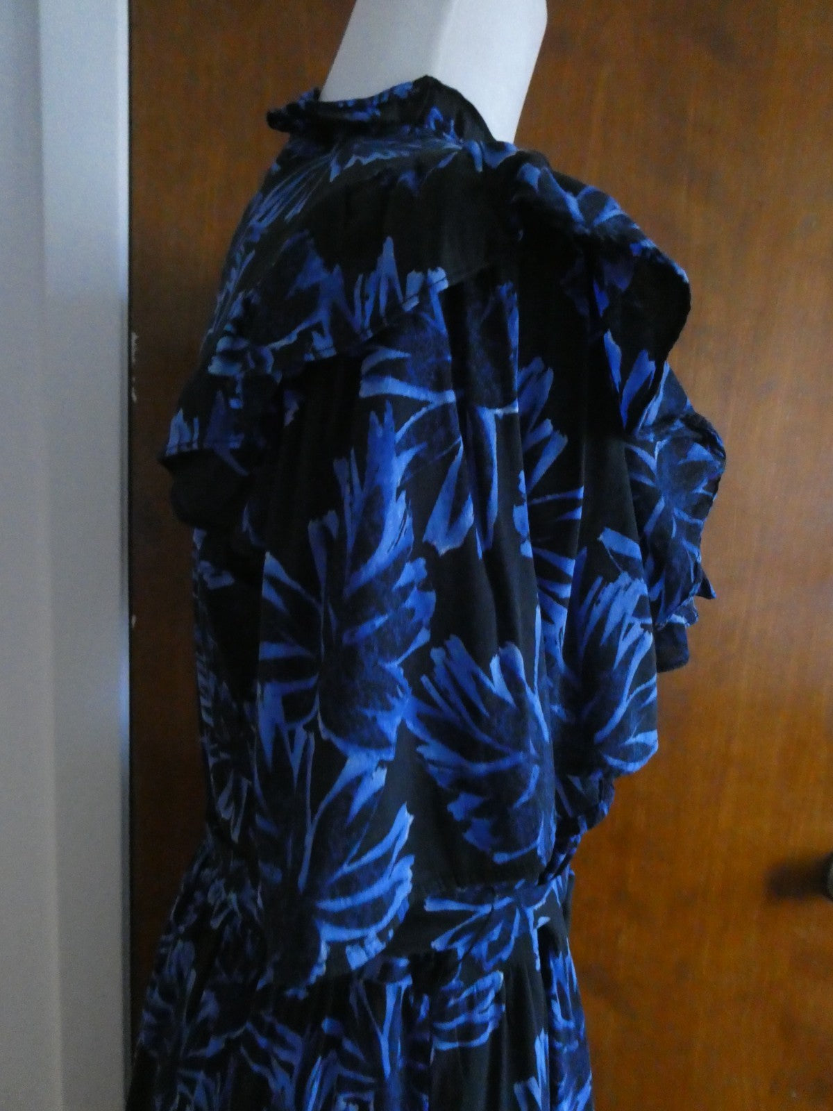  Who What Wear Dress XL Black Blue Floral Ruffle Puff Sleeve Button Front Cotton