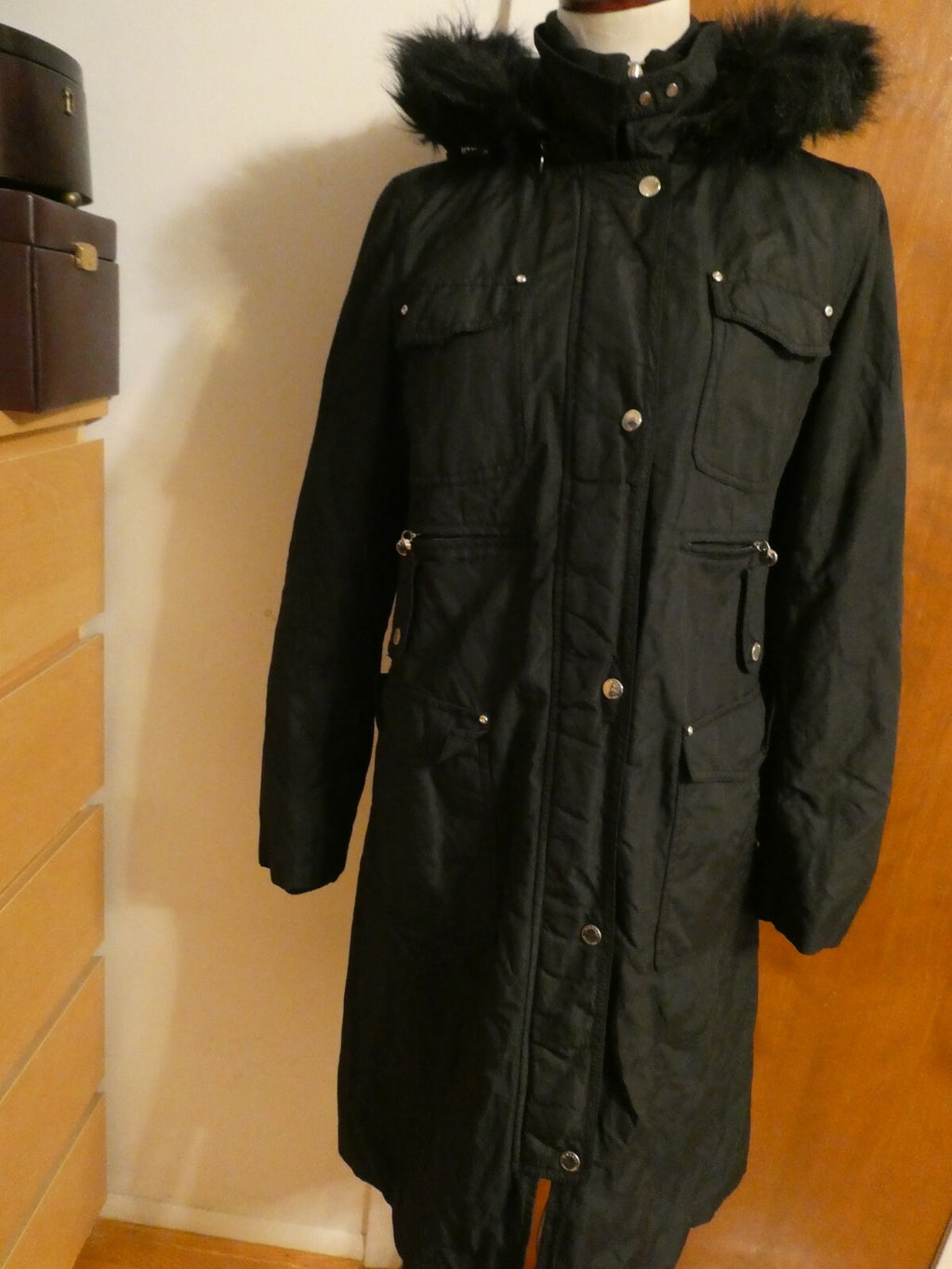 Laundry By Shelli Segal Women's Black Long Winter Coat Removable Hood Medium