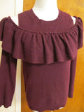 Aqua Women's Burgundy Cashmere Soft Cold-Shoulder Ruffle Ribbed Small