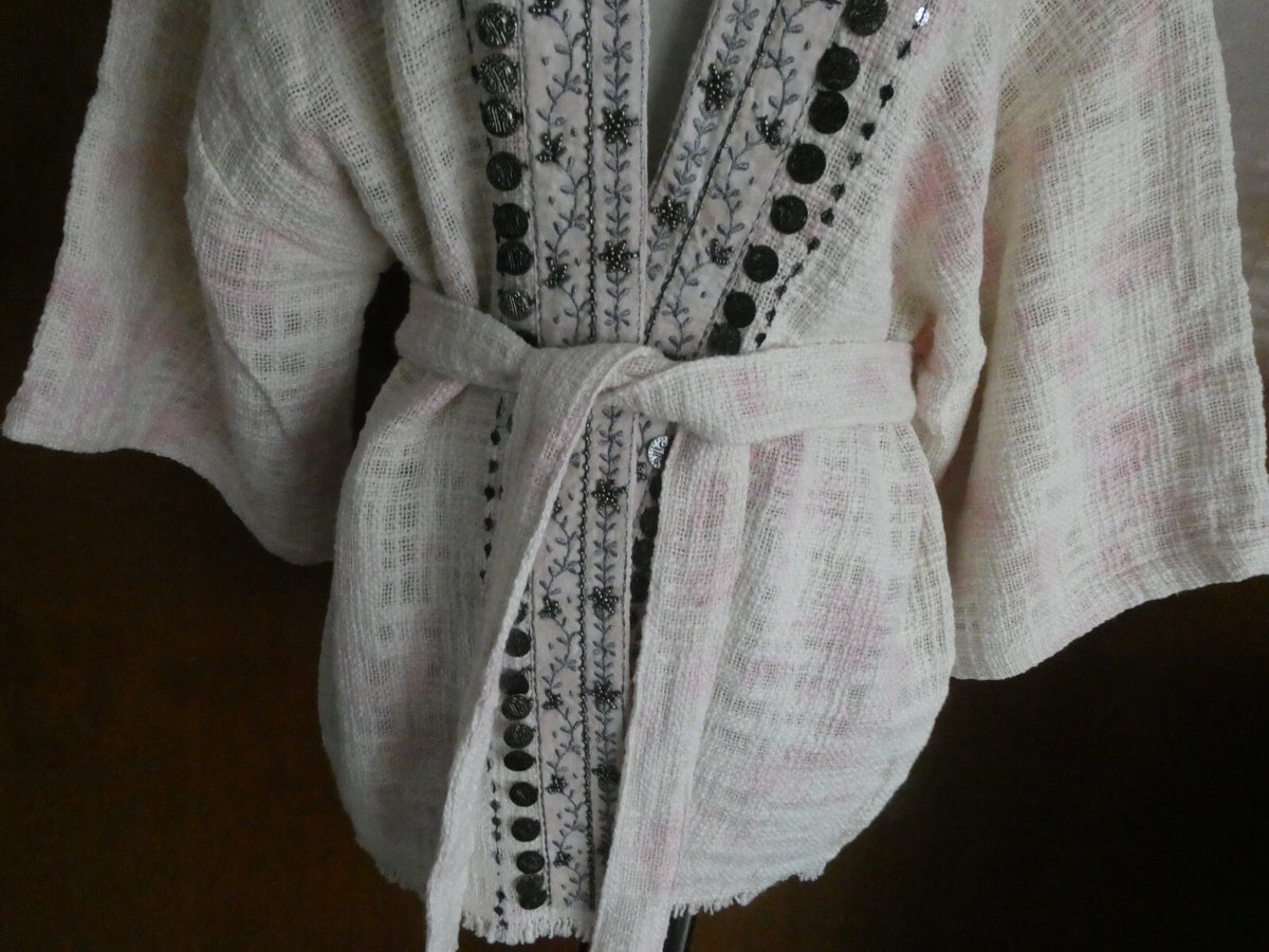 Anthropologie Beautiful Stories Livia Textured Kimono Beaded Wrap Jacket Fit ALL