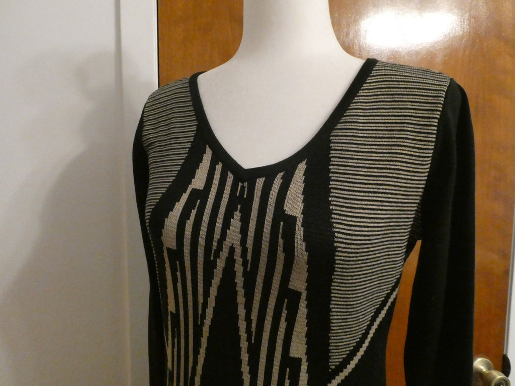 Ivanka Trump Sweater Knit Dress Women Black Beige Geometric Long Sleeve Bodycon