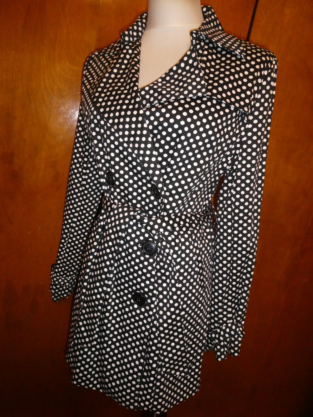 Vertigo Paris Black & White Polka Dot Jacket Trench Coat, Button Up, Medium
