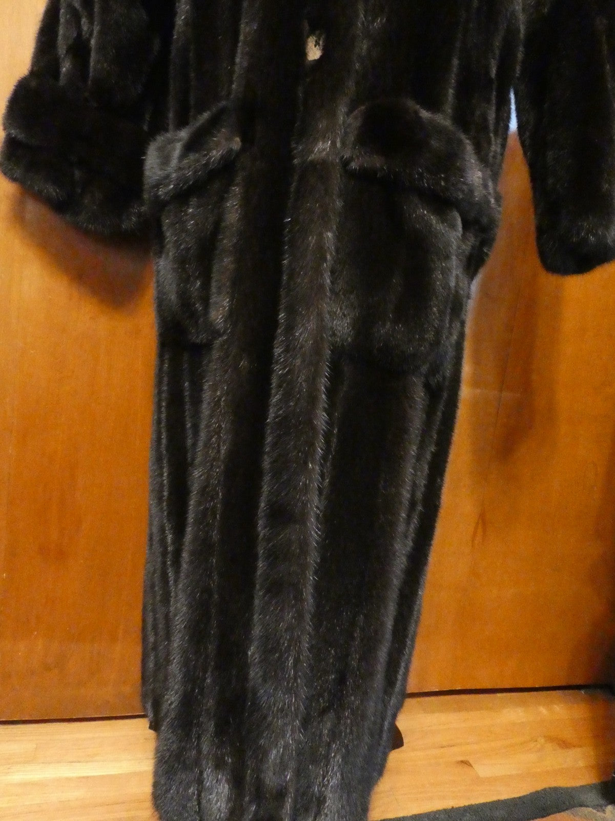 Genuine Mink Fur Coat Full Length Vintage Dark Brown Black Fur Collar Size 12