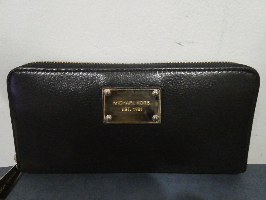 MICHAEL KORS Zip Around Wallet Black Gold Logo Plate Designer Large