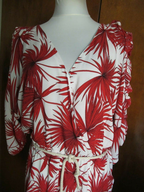 Anthropologie Bishop + Young Rayon Red & White Palm Short Romper XL