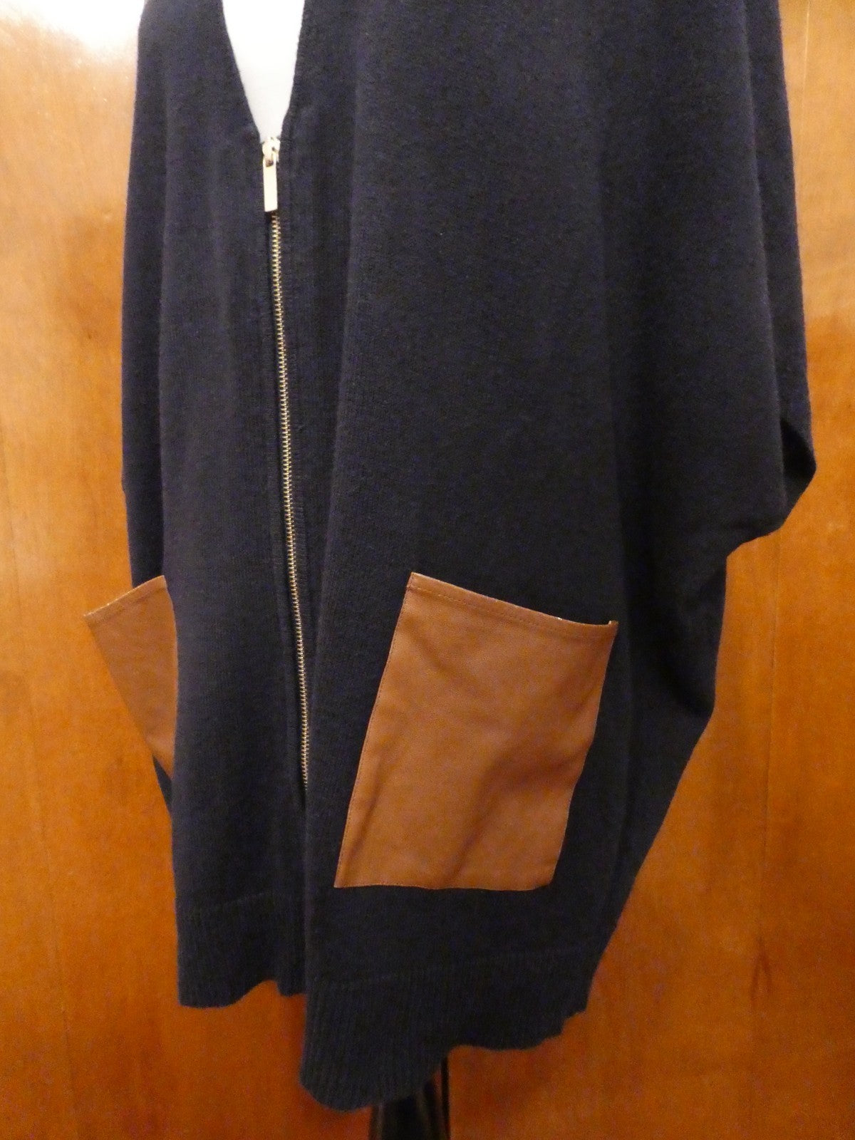 Ann Taylor LOFT Sweater Cardigan M/L Black Zip Front Faux Leather Pocket Dolman