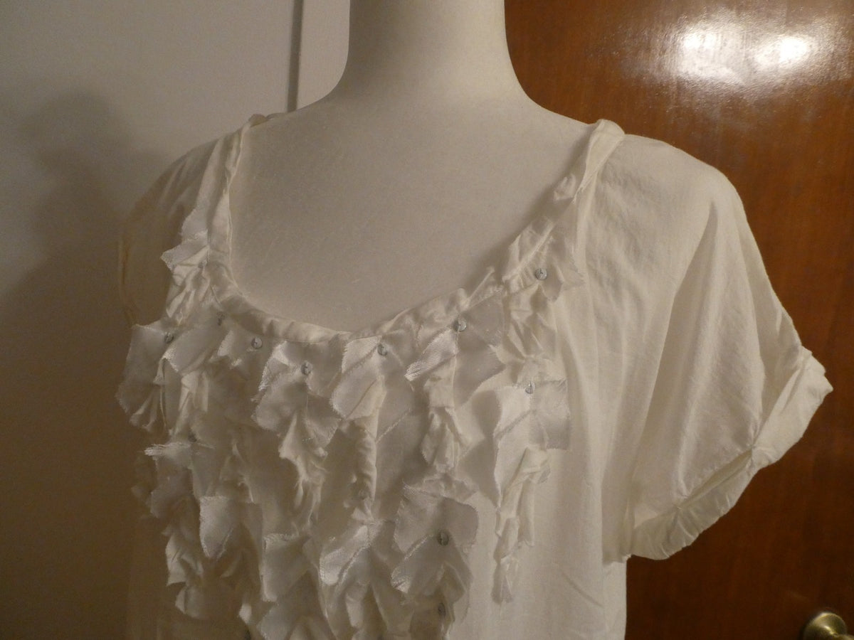 Calvin Klein Jeans Women White Embellished Ruffle Top WF11H07 Short Sleeve M