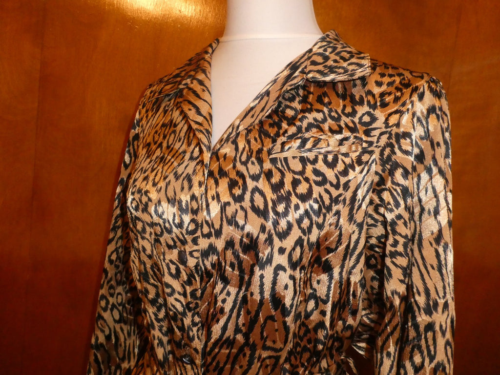 Vintage Baruch Women 2 Pc Suit Size 48 Leopard Jacket Black Pleated Lined Skirt