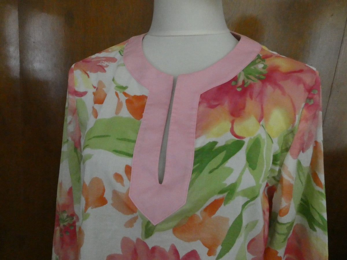 Jones New York Signature Women's Tunic Style Pink/Green Soft Cotton Top Large
