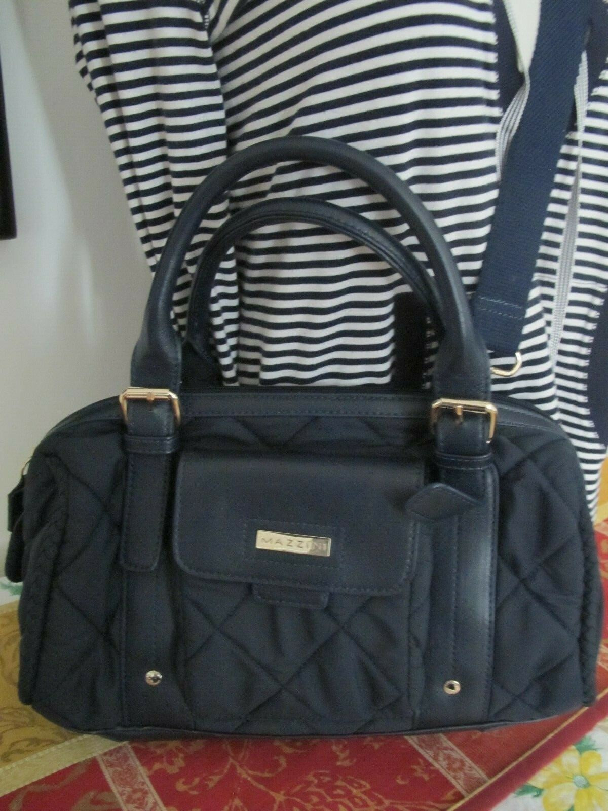 Mazzini women's navy cloth with leather  houlder Crossbody Quilted Zippered Bag