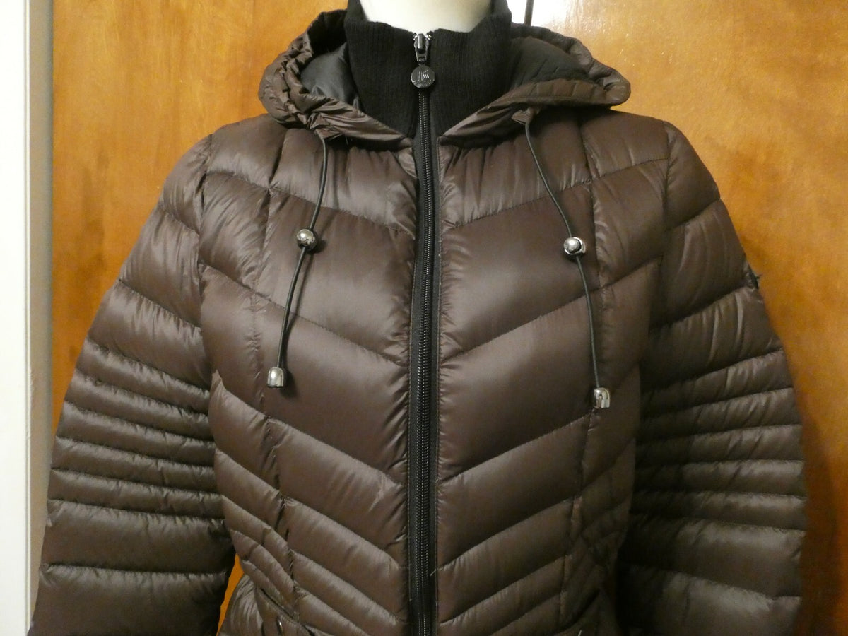 Bernardo Women's Brown Puffer Quilted Down Long Coat Medium
