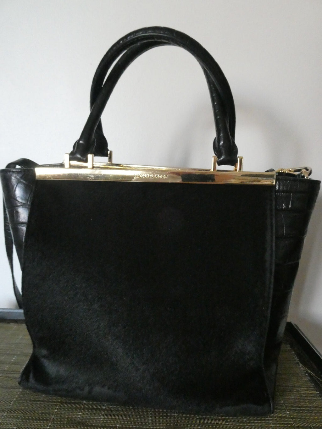 MICHAEL KORS black leather trim haircalf dyed composed crossbody handbag