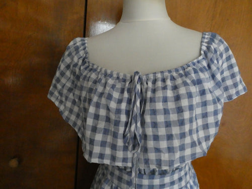 Anthropologie 11-1 Tylho Off-The-Shoulder Dress Plaid Gingham Blue/White Small