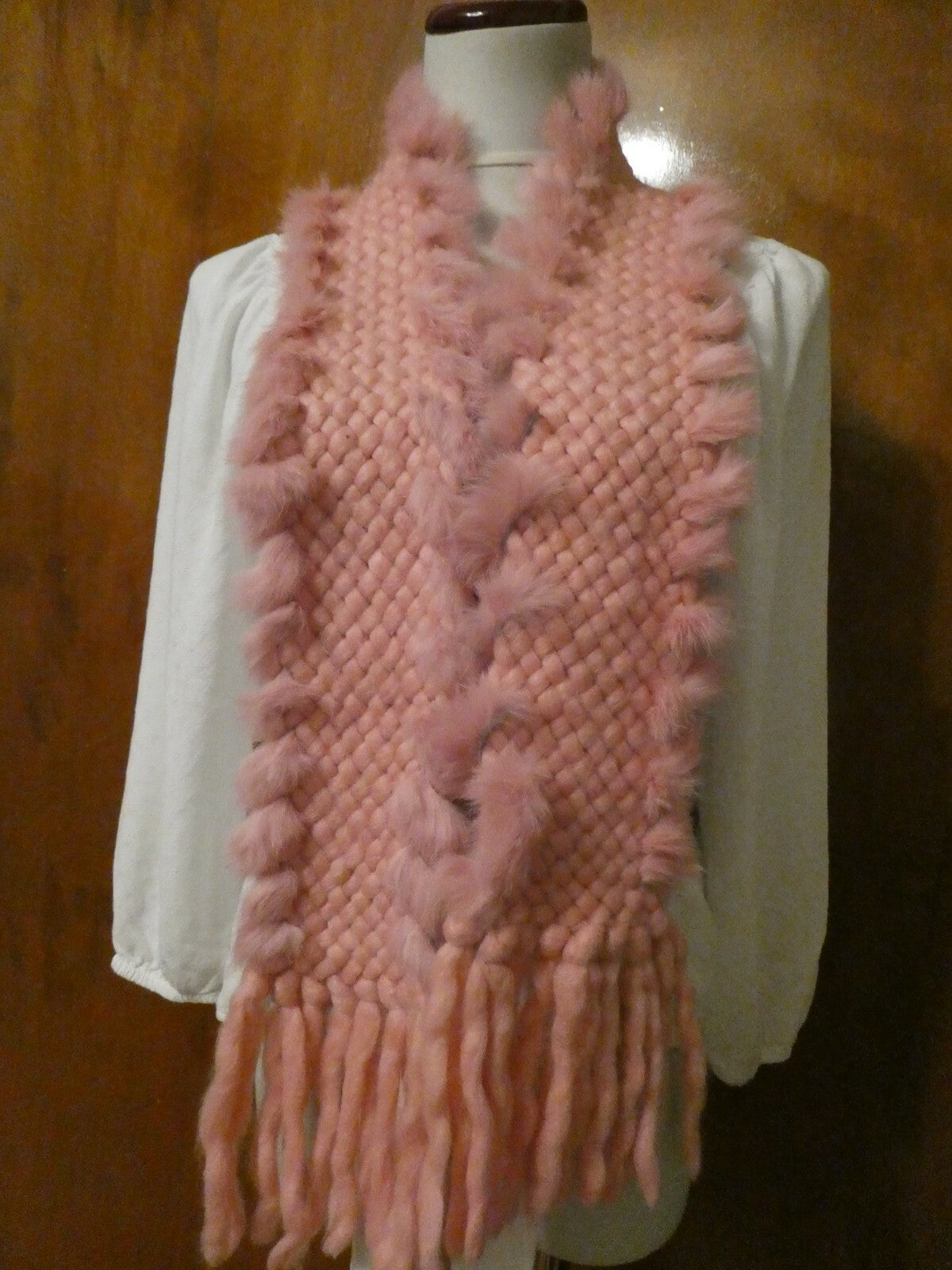 Women's Solid Pink Fringe Rabbit Scarf Size 60" X 4.5"