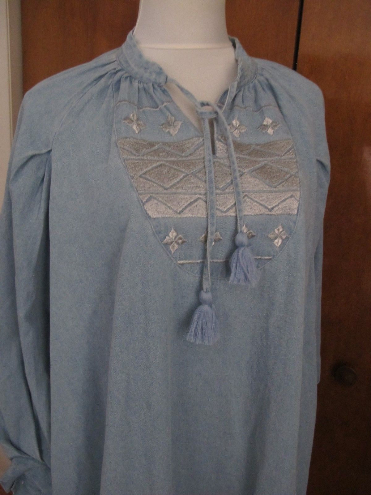 Anthropologie Knitted&Knotted Women Chambray Dress Embroidered Cotton Loose Fit