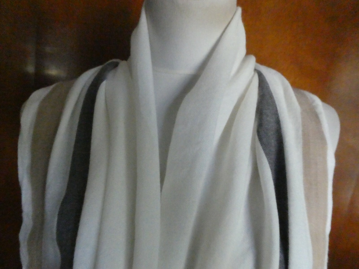 TALBOTS Women's Cotton/Viscose Soft Striped Wrap Scarf Ivory/Brown 28" by 70"