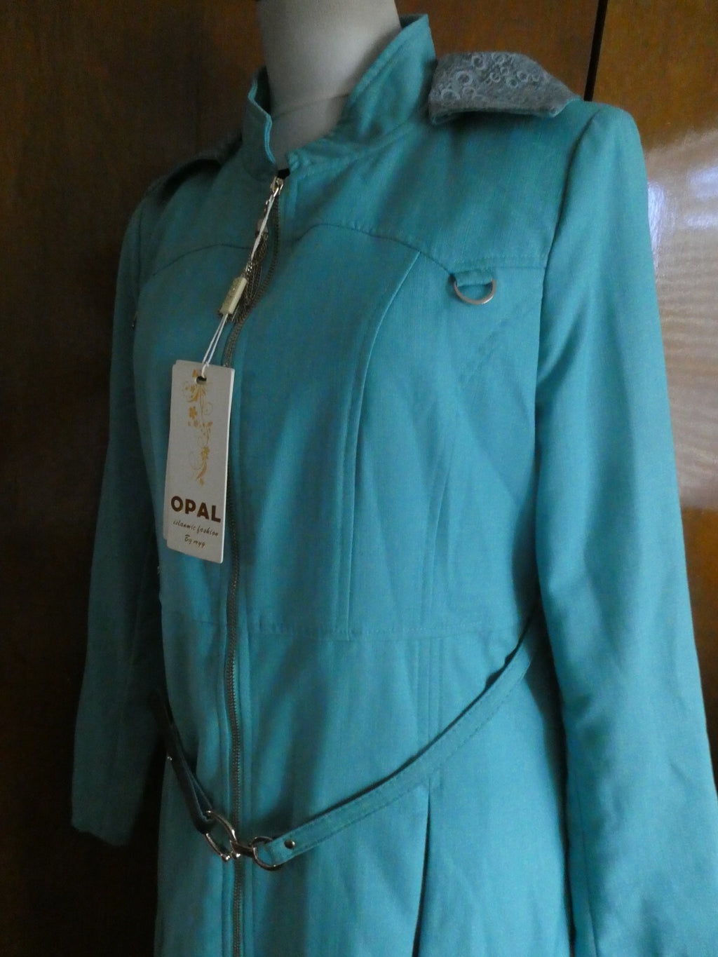 Opal Islamic women light sea green lined full zip belted long hooded coat US14