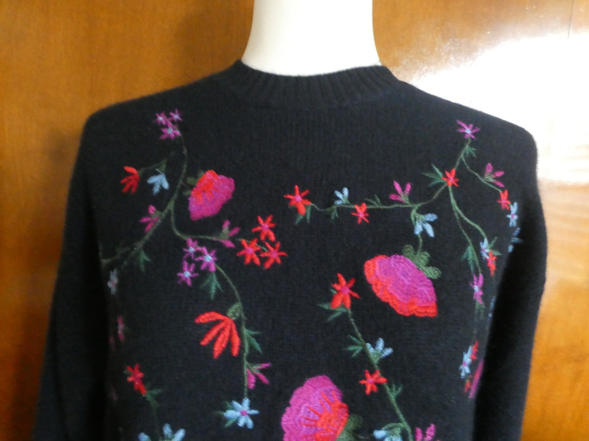Bloomingdale's 100% Cashmere Floral Embroidered Sweater Navy Women's XS NWT