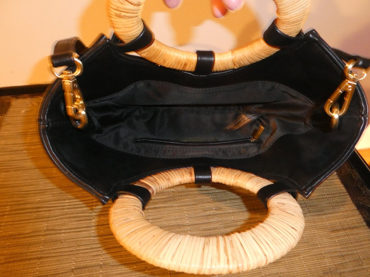 Anthropologie Black Small Rattan Handles Cross Shoulder Strap Handbag
