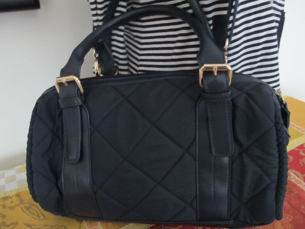 Mazzini women's navy cloth with leather  houlder Crossbody Quilted Zippered Bag
