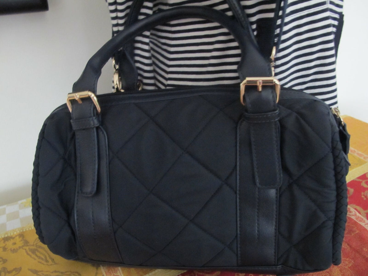 Mazzini women's navy cloth with leather  houlder Crossbody Quilted Zippered Bag
