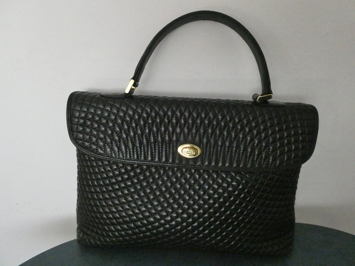 Vintage Bally Women's Black Quilted Leather Top Handle Handbag Gold Tone Italy