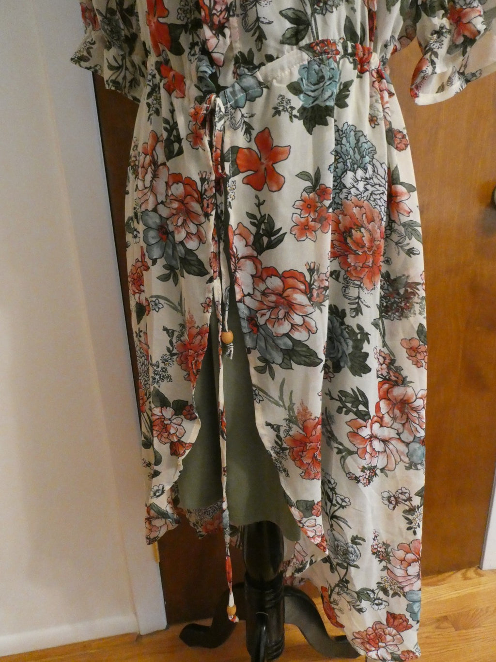Liberty Love 2Pc Floral Chiffon Duster Dress Set Olive Green Asymmetrical Medium