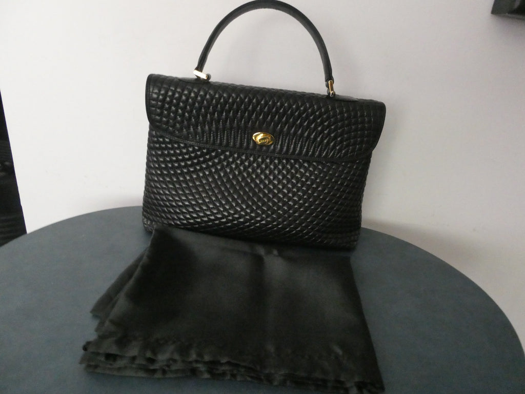 Vintage Bally Women's Black Quilted Leather Top Handle Handbag Gold Tone Italy