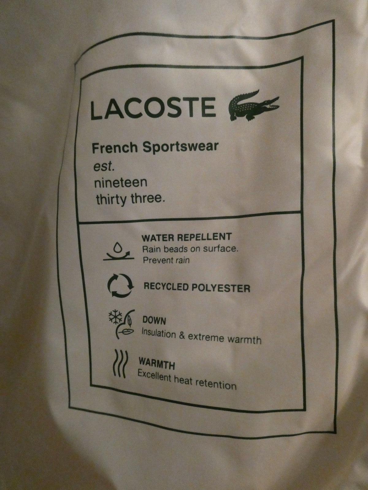 Lacoste Men’s Oversized Down Puffer Jacket Coat XL/2XL Beige Water Repellent NWT