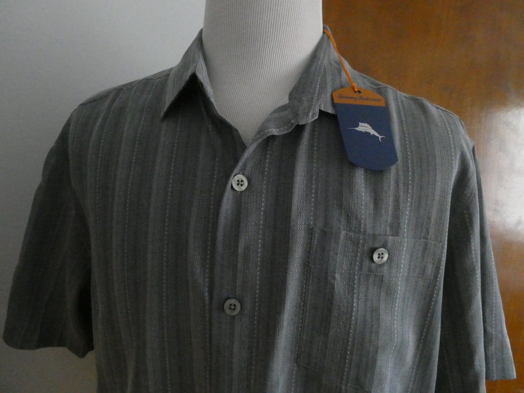 Tommy Bahama Men's Large 100% Silk Gray Striped Shirt Sleeve Button Front Shirt