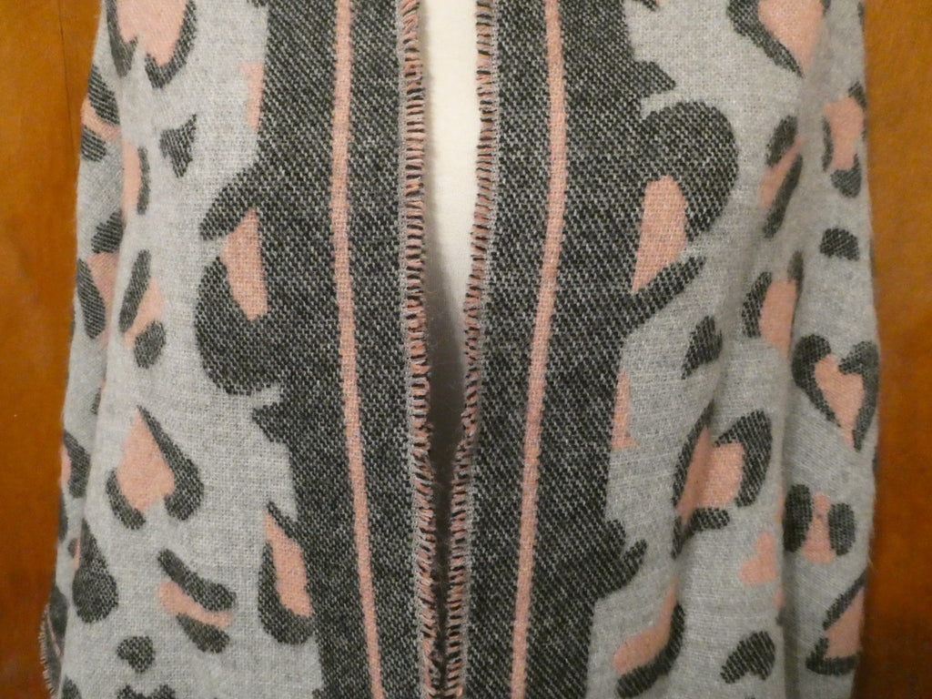 Juicy Couture Leopard Heart Print Scarf 72"x22" Gray Pink Logo Fringe Wrap