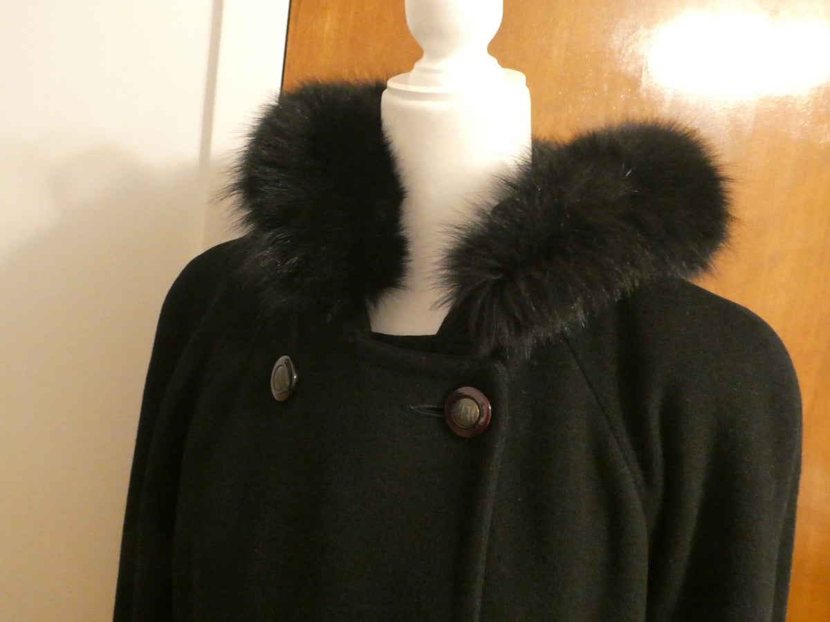 J.G HOOK Women Black 100% Wool A-Line Hood Fox Fur Trim Winter Coat 6 (fit 8-10)