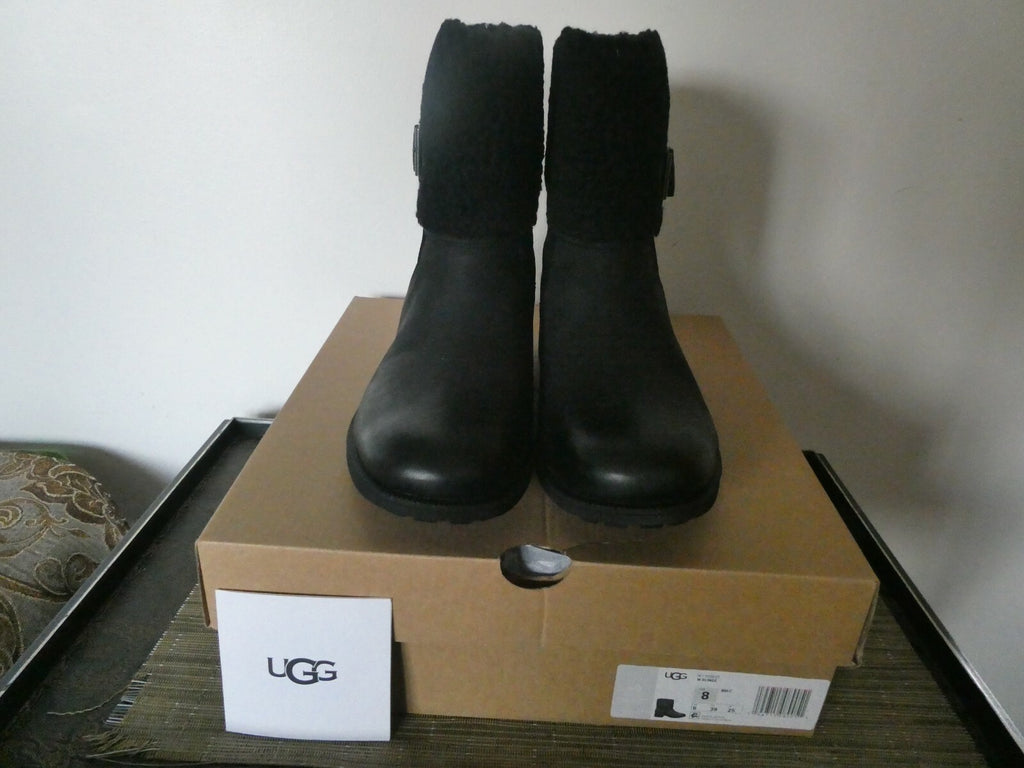 UGG Elings Women’s Black Leather Fur Cuff Zip Waterproof Boots Women’s US 7,US 8