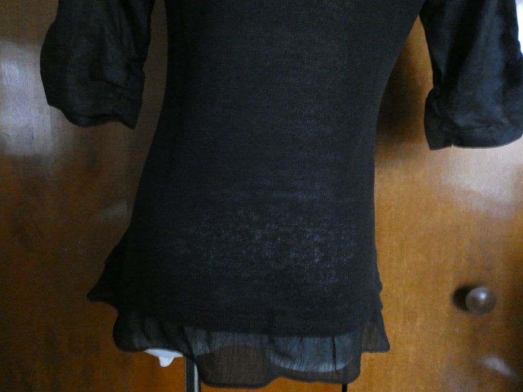 Pink Phoenix Women Black 100% Linen Small 3/4 Sleeve, Button Up, Semi Sheer Top