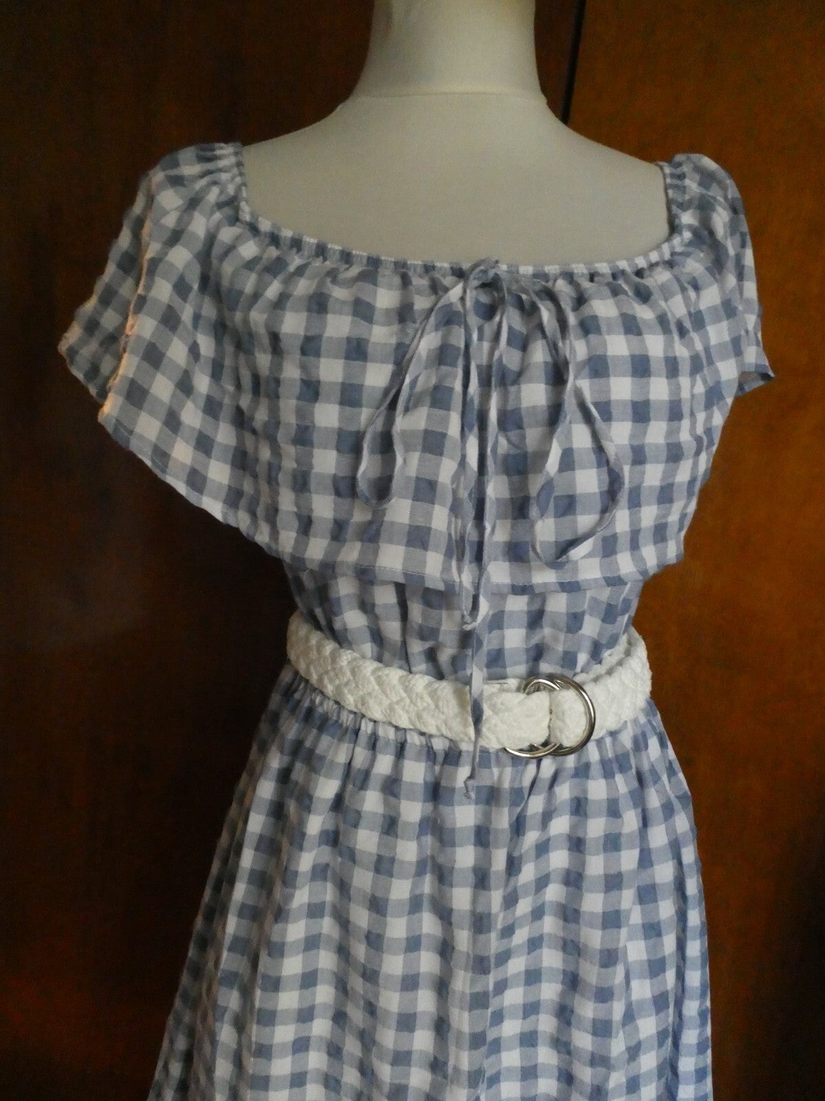 Anthropologie 11-1 Tylho Off-The-Shoulder Dress Plaid Gingham Blue/White Large