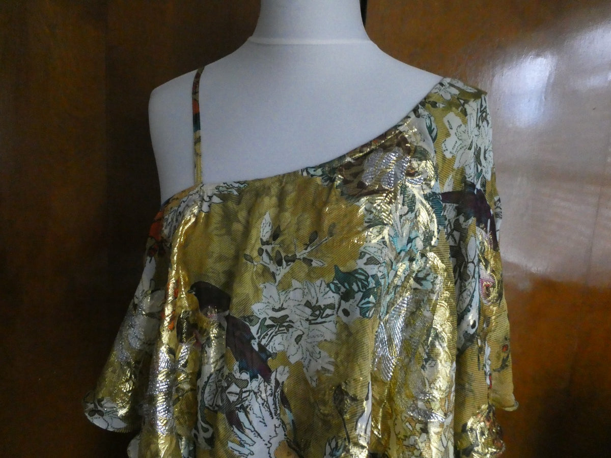 Anthropologie Hemant & Nandita Silk One Shoulder Dress Gold Floral Large $298