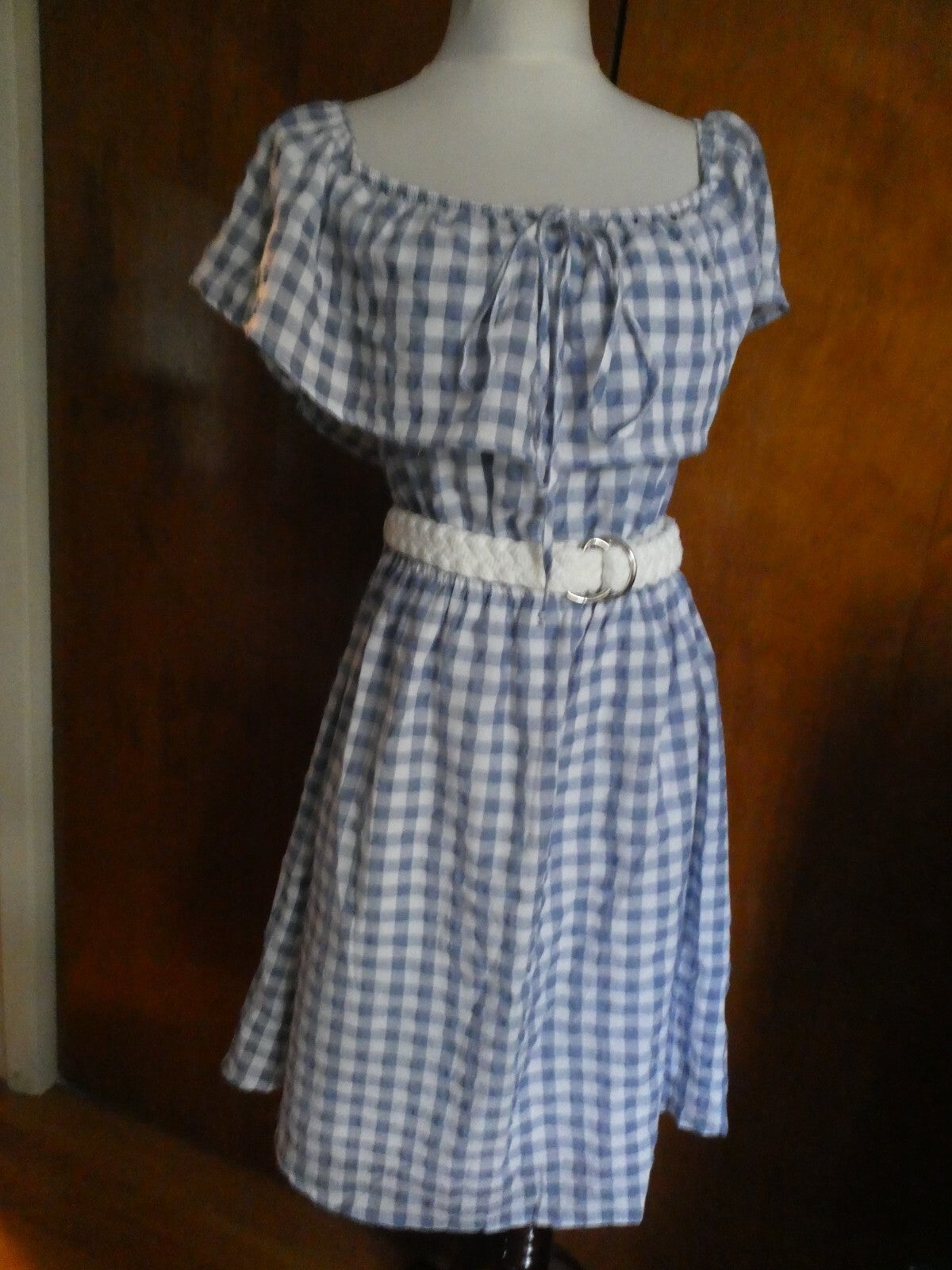 Anthropologie 11-1 Tylho Off-The-Shoulder Dress Plaid Gingham Blue/White Large