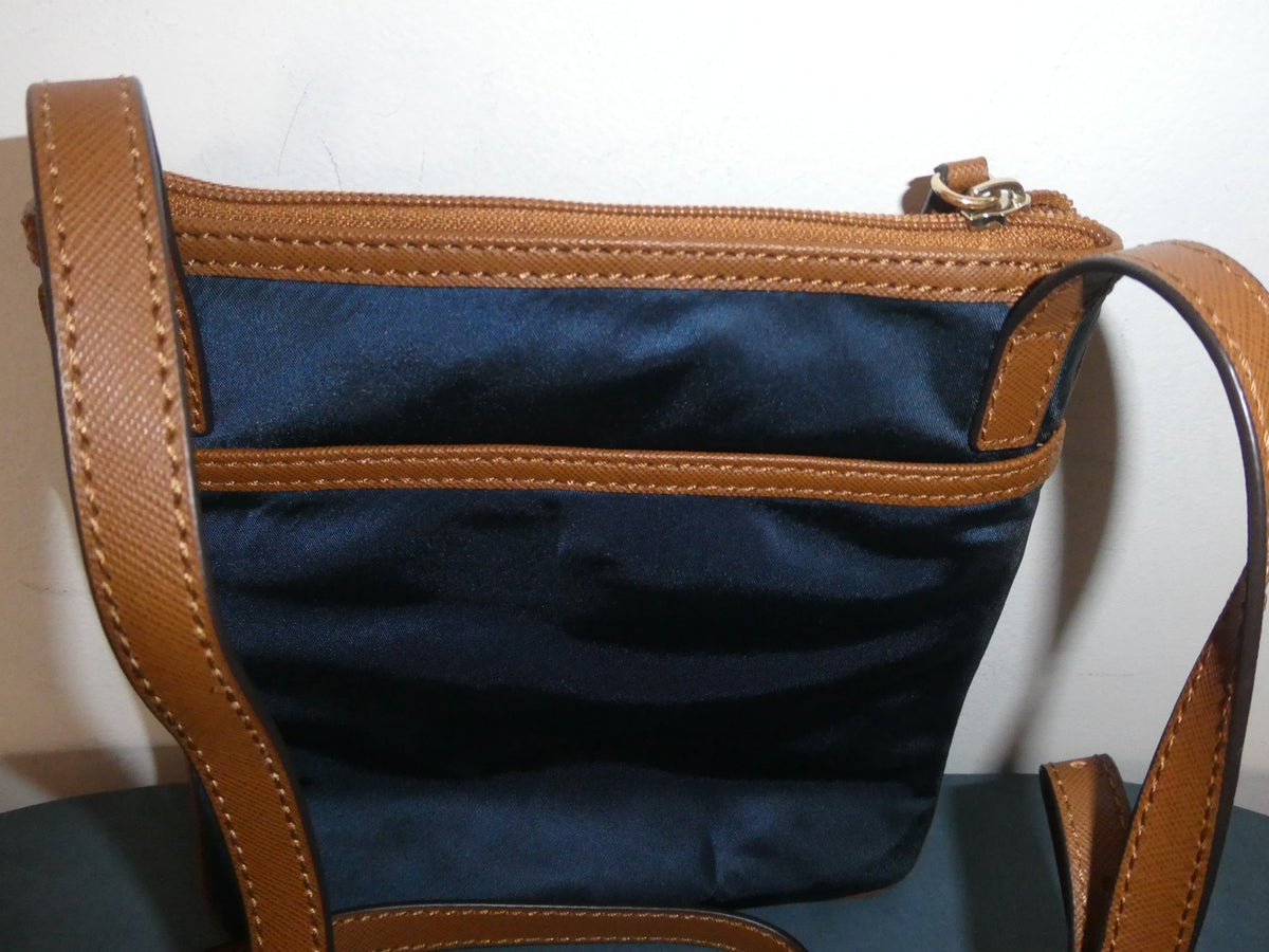 Michael Kors Navy Nylon Crossbody Bag Brown Trim 5 Pocket Gold Tone EUC