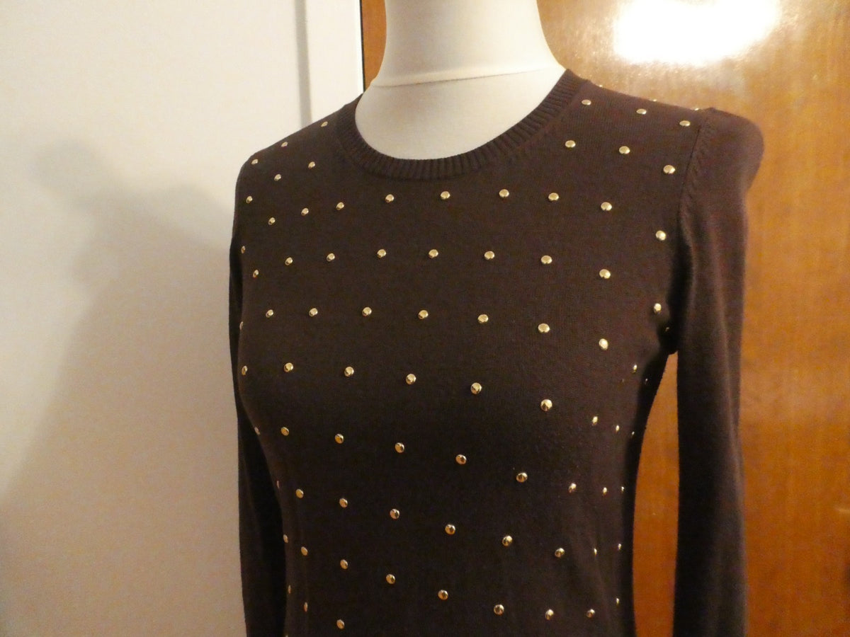 Michael Kors Studded Sweater Dress Size 2 Brown Gold Studded Long Sleeve Bodycon
